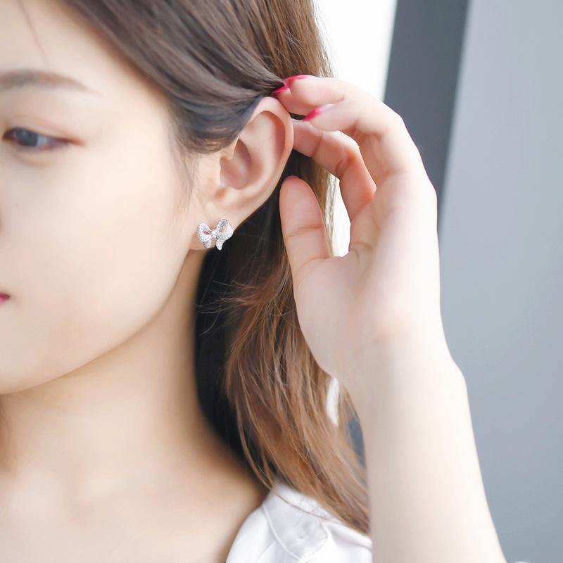 New Arrival 925 Silver Color Cute Bowknot Stud Earrings for Women with Zircon Stone Fashion Korean Earrings Jewelry 2019 New
