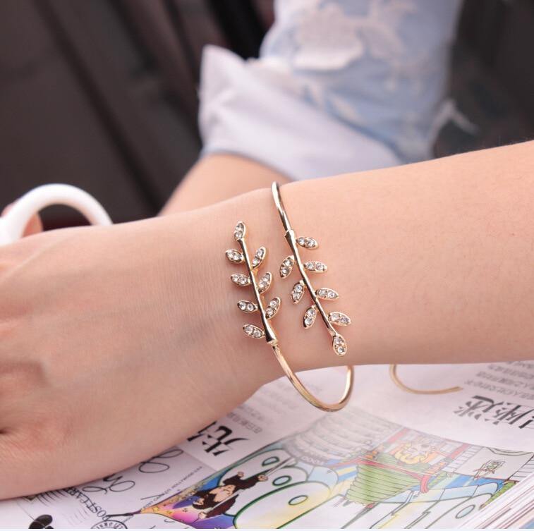 Fashion Open Adjustable Bracelet Bangle Creative Tree Leaf Insert Crystal Zircon Gold  Women Temperament Jewelry Accessory