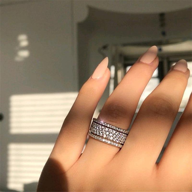 Elegant Silver Color Rhinestone Crystal Ring Wide Love Rings For Women Wedding Engagement Full Zircon Finger Rings Jewelry Gifts