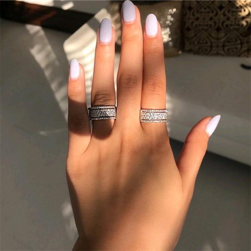 Elegant Silver Color Rhinestone Crystal Ring Wide Love Rings For Women Wedding Engagement Full Zircon Finger Rings Jewelry Gifts
