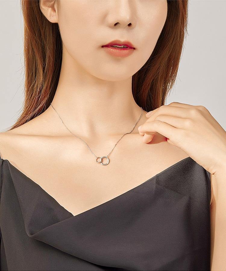 bamoer Double Circle Chain Necklace for Women Rose Gold Color 925 Sterling Silver Miss & Love Wedding Fine Jewelry BSN159