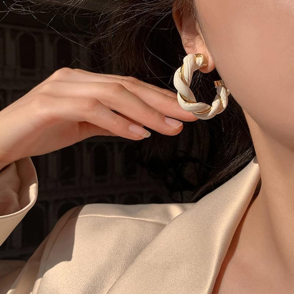 AENSOA  2020 New Weave Metal Leather Twisted Hoop Earrings Vintage Black White C Shape Circle Earrings for Women Girls Jewelry