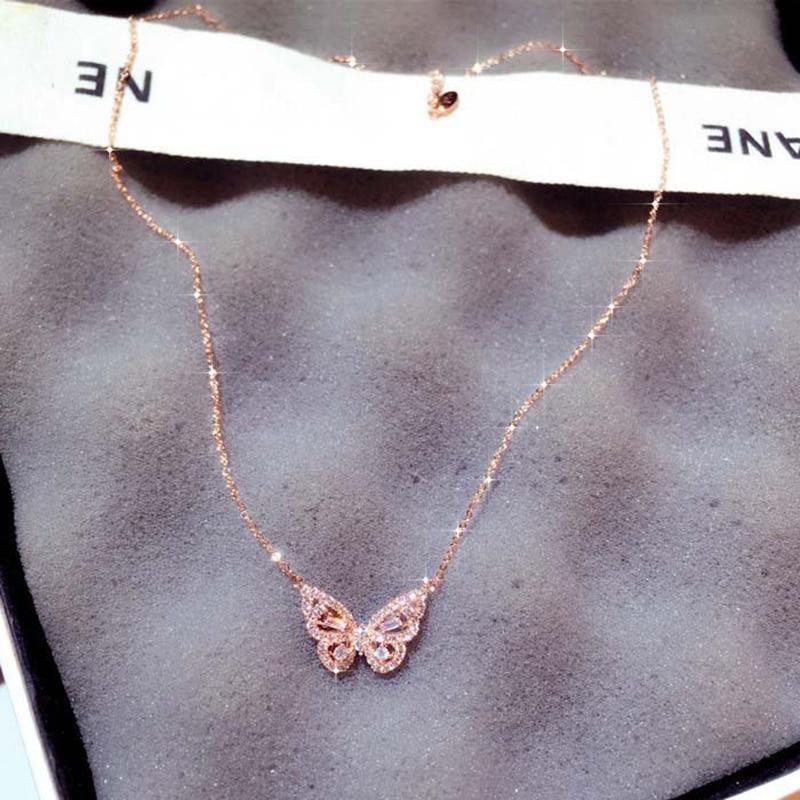 Ins Hot Sale New Arrive Zirconia Butterfly Necklace Charm Bling CZ Rose Gold Butterfly Jewelry Pendant Bijoux for Women Girl