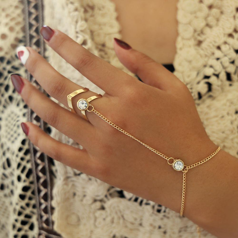 Sindlan Gold Big Crystal Ring Bracelet for Women Wrist Chain Jewelry Fashion Hand Back Bangles Female Arm Link Ornaments Pulsera