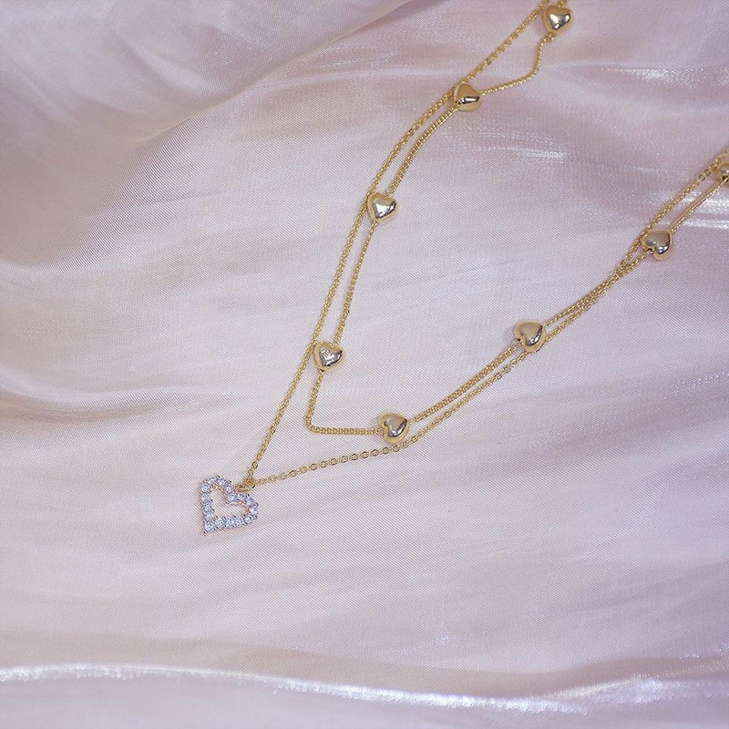14k Real Gold Double layer Heart Necklace Shining Bling AAA Zircon Women Clavicle Chain Elegant Charm Wedding Pendant Jewelry