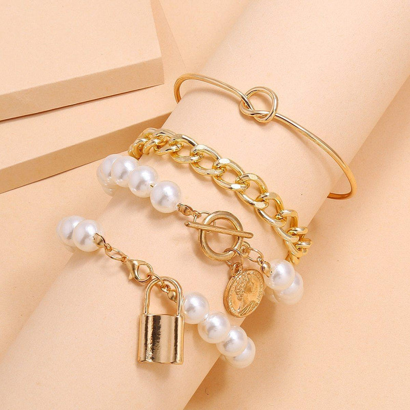 KMVEXO Punk Gothic Imitation Pearls Lock Bracelets Female Knot Flower Bracelet Bangles for Women 2020 Fashion Gold Coin Jewelry