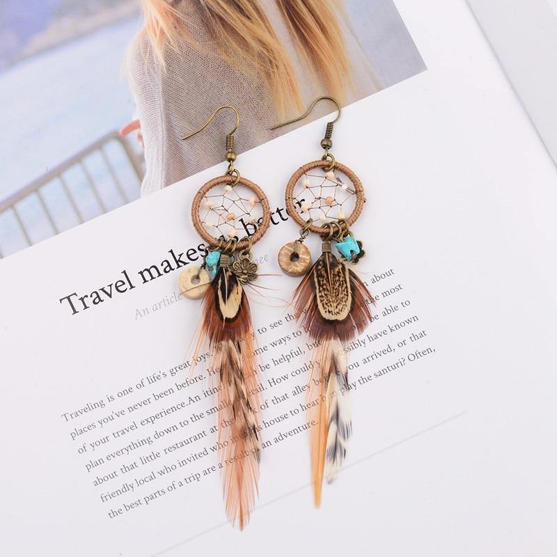 TopHanqi Bohemian Hollow Dream Catcher Leaf Feather Earrings For Women Indian Jewelry Blue Natural Stone Drop Dangle Earrings