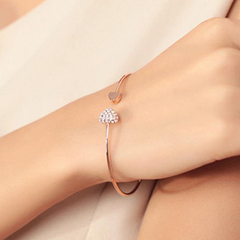 2019 Hot New Fashion Adjustable Crystal Double Heart Bow Bilezik Cuff Opening Bracelet For Women Jewelry Gift Mujer Pulseras 7g