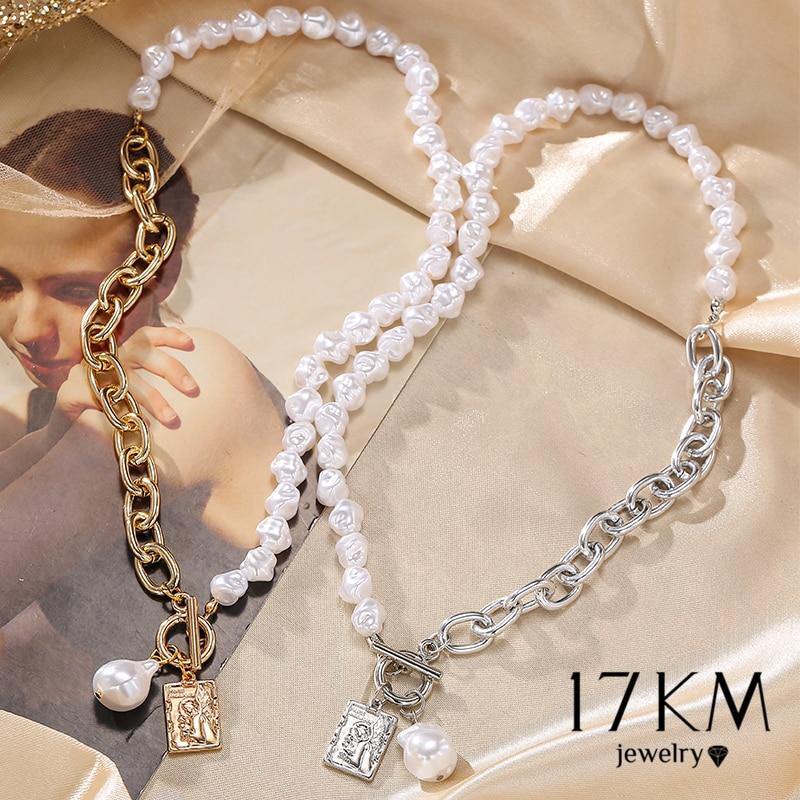 17KM Punk Baroque Irregular Pearl Chain Choker Necklace For Women Asymmetric Lock Pearl Pendant Necklaces 2021 Trend Jewelry