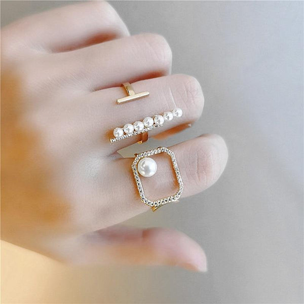2020 Trendy Style Zircon Open Ring Women Simulated Pearl Geometric Rings Fashion Brass Jewelry Wholesale
