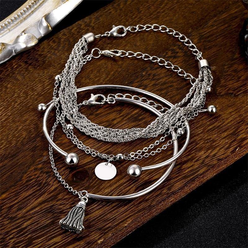 NEW Set Bohemian Silver Color Tassel Round Bracelet Set for Women Multilayer Pendant Bracelet 2020 Fashion Jewelry