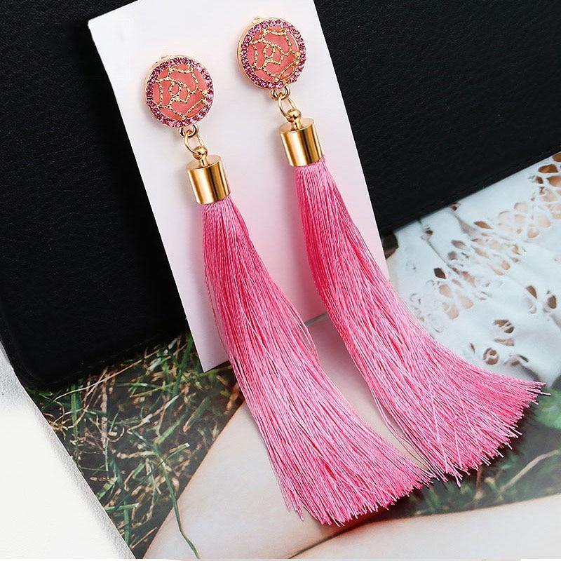 BLINLA Fashion Bohemian Tassel Crystal Long Earrings Black Red Silk Fabric Drop Dangle Tassel Earrings For Women 2019 Jewelry