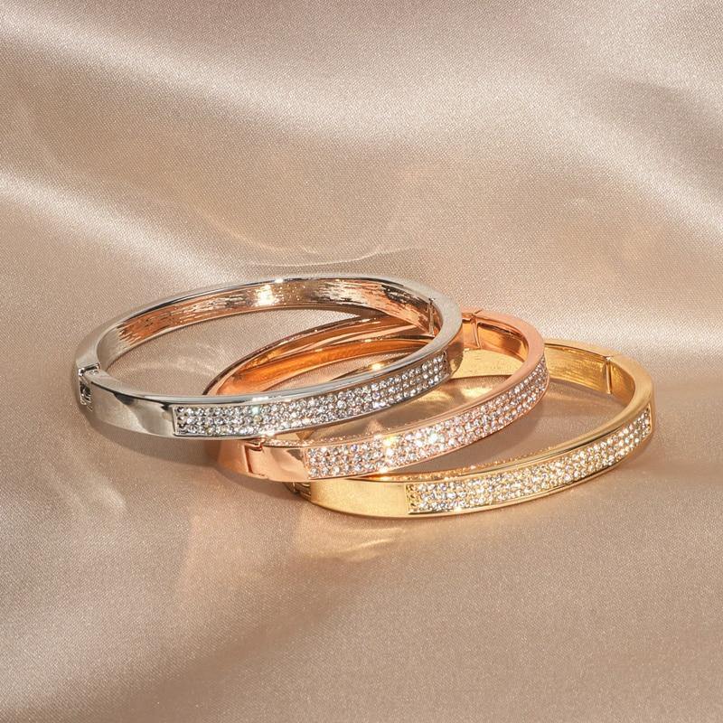 Elegant Classic Crystal Cuff Bangles Bracelets For Women Gold Color Simple Femal Opening Bangles Wedding Jewelry Accessories