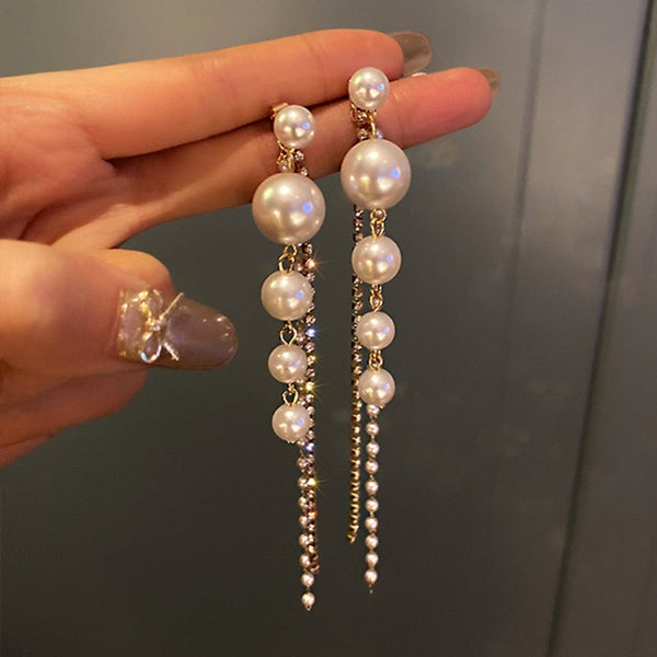 Long-Dangle Pearl Tassel Earrings